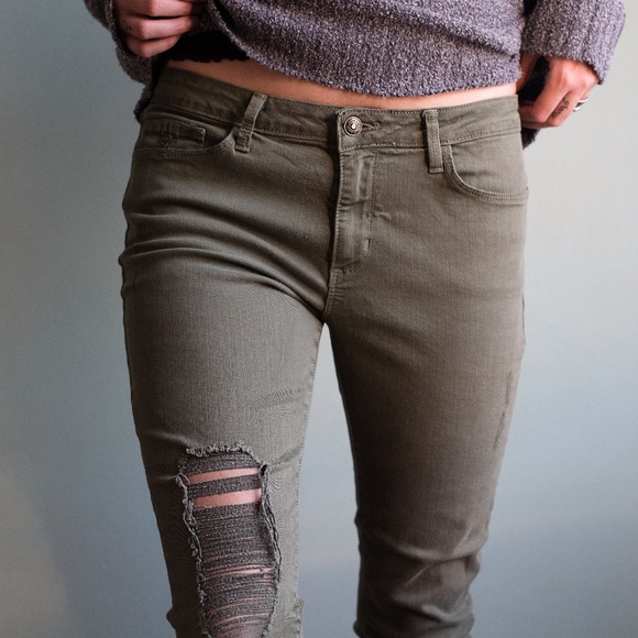 Just Black Denim Denim - Army Green Distressed Grunge Ankle Skinny Jeans